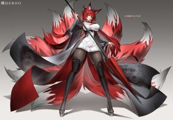 1girl absurdres animal_ears artist_name black_boots black_coat black_thighhighs boots breasts coat commentary dress english_commentary english_text fox_ears fox_girl fox_tail full_body green_eyes grey_background high_heel_boots high_heels highres holding holding_polearm holding_weapon horns long_hair long_sleeves looking_at_viewer louu_heroo medium_breasts open_clothes open_coat open_mouth original parted_lips polearm red_hair simple_background solo standing tail thigh_boots thighhighs thighs weapon white_dress