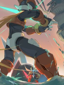 Rule 34 | 2boys, absurdres, android, armor, blonde hair, commentary request, energy sword, forehead jewel, from behind, full body, helmet, highres, holding, holding sword, holding weapon, long hair, male focus, mega man (series), mega man zero (series), mega man zero 3, multiple boys, omega (mega man), omochi (mochi skymega), red armor, red eyes, red helmet, scene reference, sword, weapon, z saber, zero(z) (mega man), zero (mega man)