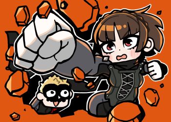 1boy 1girl bkub black_bodysuit black_eyes black_jacket black_mask black_scarf blonde_hair blush_stickers bodysuit braid breaking_through_wall broken_wall brown_hair clenched_hands crown_braid debris dot_nose gloves highres jacket mask niijima_makoto open_mouth persona persona_5 punching queen_(persona_5) red_eyes sakamoto_ryuuji scarf short_hair skull_(persona_5) skull_mask white_gloves