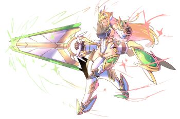 1girl arm_armor armor blonde_hair breasts cat_with_a_brush energy_weapon highleg highleg_leotard highres holding holding_weapon large_breasts leg_armor leotard long_hair mythra_(xenoblade) open_mouth pelvis simple_background solo thick_thighs thighs weapon white_background xenoblade_chronicles_(series) xenoblade_chronicles_2 yellow_eyes