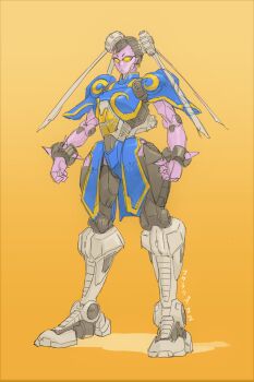 capcom chun-li clenched_hands gears highres looking_ahead makoto_ono mecha mechanization no_humans orange_background orange_eyes robot science_fiction sketch solo spikes street_fighter