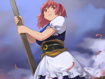1girl black_sash blue_dress blue_sky blush cloud coin coin_on_string commentary_request cowboy_shot dress frilled_sleeves frills hair_bobbles hair_ornament holding holding_oar looking_afar meranie oar obi onozuka_komachi open_mouth petals pink_hair puffy_short_sleeves puffy_sleeves red_eyes sash shirt short_hair short_sleeves sky solo touhou two_side_up white_shirt