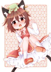 Rule 34 | 1girl, absurdres, animal ear fluff, animal ear piercing, animal ears, brown eyes, brown hair, cat ears, cat tail, chen, commentary request, crossed bangs, dress, earrings, fang, frills, full body, gold trim, hand up, hat, highres, jewelry, knees together feet apart, knees up, long sleeves, looking at viewer, mob cap, multiple tails, nekomata, open mouth, petticoat, red dress, short hair, simple background, single earring, skin fang, solo, subaru (syaku), tail, touhou, two tails, white background