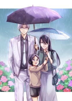 1046sstep_btoh 1girl 2boys aged_down bag black_eyes black_hair black_shirt black_shorts bleach brown_sweater commentary_request family father_and_son flower formal_clothes frown glasses grey_hair hand_in_pocket handbag highres holding holding_umbrella husband_and_wife ishida_ryuuken ishida_uryuu katagiri_kanae long_hair long_skirt mother_and_son multiple_boys open_mouth rain shirt shorts skirt smile suit sweater umbrella white_hair white_skirt white_suit
