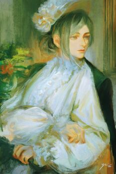 1girl alternate_costume artist_name black_jacket center_frills flower frills grey_eyes grey_hair hair_bun hashtag-only_commentary hat highres jacket jacket_on_shoulders long_sleeves looking_to_the_side painterly puffy_long_sleeves puffy_sleeves red_flower reverse:1999 saik_you shirt signature single_side_bun solo turning_head upper_body vase vertin_(reverse:1999) white_hat white_shirt