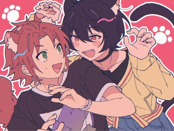 2boys :d ahoge animal_ear_fluff animal_ears arms_up bangs_pinned_back black_choker black_hair black_shirt blue_pants blush bracelet cat_ears cat_tail choker claw_pose commentary_request curtained_hair ensemble_stars! fangs green_eyes hair_between_eyes hands_up highres isara_mao jewelry kemonomimi_mode long_sleeves looking_at_another male_focus multiple_boys niyororinpayamaru off_shoulder open_mouth outline pants paw_print pocket red_background red_eyes red_hair sakuma_ritsu scared shirt short_hair short_sleeves smile squirrel_boy squirrel_ears squirrel_tail sweat sweater tail upper_body white_outline yaoi yellow_sweater