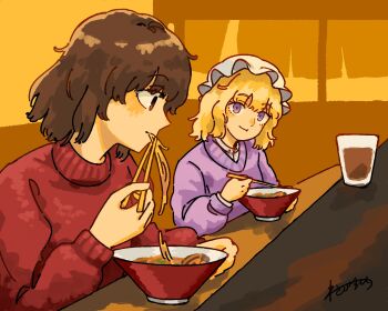 2girls :t alternate_costume background_request blonde_hair bowl brown_eyes brown_hair chopsticks commentary_request cup eating food hat highres holding holding_chopsticks long_sleeves maribel_hearn mob_cap multiple_girls no_headwear noodles purple_eyes ramen red_sweater shirt signature smile sweater table touhou upper_body usami_renko wasabisuke white_hat white_shirt