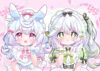 2girls :o alternate_costume animal_ears black_bow blue_bow blush bow bowtie chiika_(cure_cherish) dated dress fingernails frilled_hairband frilled_wrist_cuffs frills genshin_impact gradient_hair green_bow green_bowtie green_hair green_sleeves hair_between_eyes hair_bow hair_ornament hairband hairclip hand_on_own_face hand_up highres leaf_hair_ornament long_hair looking_at_viewer multicolored_hair multiple_girls nahida_(genshin_impact) open_mouth pink_hair pointy_ears red_bow red_bowtie red_eyes short_sleeves side_ponytail sigewinne_(genshin_impact) signature symbol-shaped_pupils upper_body white_bow white_dress white_hair white_hairband white_wrist_cuffs wrist_cuffs