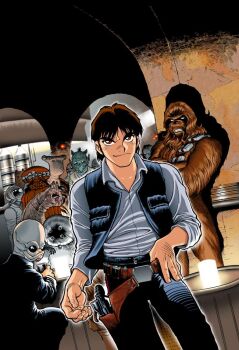 adam_warren animification bandolier bar_(place) belt blouse blue_shirt chewbacca collared_shirt greedo han_solo multiple_boys ponda_baba retro_artstyle science_fiction shirt star_wars star_wars:_a_new_hope star_wars_manga weapon wookiee
