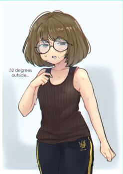 1girl absurdres artist_self-insert black_hair brown_hair collarbone commentary creator_(neneneqo) day glasses highres looking_at_viewer mole mole_under_mouth neqo_(neneneqo) nervous_sweating open_mouth original outdoors pants round_eyewear shirt short_hair simple_background sleeveless sleeveless_shirt solo sweat sweatpants symbol-only_commentary very_sweaty white_background