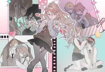 Rule 34 | 1girl, 4boys, ;d, ^ ^, ankle socks, artist request, bandaid, bandaid on face, bandaid on nose, black collar, black hair, black hoodie, black necktie, black shoes, black skirt, blonde hair, blue eyes, blush, body writing, box, box of chocolates, brown-framed eyewear, brown hair, brown jacket, brown shirt, brown vest, chinese commentary, cigarette, closed eyes, collage, collar, commentary request, commission, cross, cross necklace, dating, degrees of lewdity, double-parted bangs, dress, dress shirt, embarrassed, eyebrow piercing, face piercing, fish skeleton hair ornament, floating clothes, floating hair, gag, green eyes, hair between eyes, hair intakes, hair ornament, happy, head wreath, heart, hetero, high ponytail, highres, holding, holding umbrella, holding unworn clothes, holding unworn jacket, hood, hood up, hoodie, improvised gag, improvised umbrella, indian style, jacket, jacket over head, jewelry, kneehighs, kneeling, kylar (degrees of lewdity), kylar (male) (degrees of lewdity), loafers, long hair, long sidelocks, long sleeves, looking ahead, looking at another, looking at viewer, loose socks, low ponytail, male yandere, mary janes, miniskirt, multiple boys, multiple views, necklace, necktie, nervous, one eye closed, open collar, open mouth, outline, pale skin, photo (object), piercing, player character (degrees of lewdity), player character (female) (degrees of lewdity), pleated skirt, polaroid photo, ponytail, purple eyes, rain, robin (degrees of lewdity), robin (male) (degrees of lewdity), scared, school uniform, second-party source, semi-rimless eyewear, shared improvised umbrella, shirt, shoes, short hair, side ponytail, sidelocks, simplified chinese commentary, sitting, skirt, sleeves past wrists, slit pupils, smile, smoking, socks, sparkle, sweatdrop, swept bangs, sydney (degrees of lewdity), sydney (male) (degrees of lewdity), tape, tape gag, tareme, tearing up, twirling hair, umbrella, under-rim eyewear, unworn jacket, valentine, vest, white dress, white outline, white socks, whitney (degrees of lewdity), whitney (male) (degrees of lewdity), wing collar, wolf cut, x hair ornament, yandere, yellow eyes