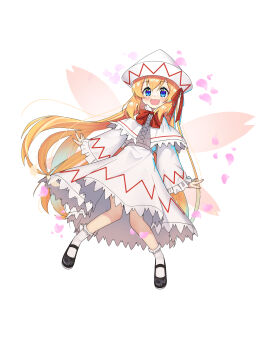 1girl absurdres black_shoes blonde_hair blue_eyes bow bowtie capelet chinese_commentary commentary_request dress fairy fairy_wings falling_petals frilled_sleeves frills full_body hat hat_bow highres lily_white long_hair long_sleeves looking_at_viewer mary_janes open_mouth petals pink_petals red_bow red_bowtie shoes smile socks solo touhou very_long_hair white_capelet white_dress white_hat white_socks wide_sleeves wings wuzeiiezuw