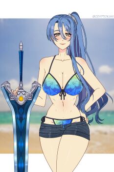 1girl absurdres beach bikini bikini_under_clothes blue_hair blush breasts brown_eyes cleavage cloud collarbone cryptid_crab day denim eiyuu_densetsu eyelashes falcom female_focus floral_print front-tie_bikini_top front-tie_top hair_between_eyes hair_ornament hand_on_own_hip hand_on_sword highres holding holding_sword holding_weapon jeans laura_s._arseid long_hair looking_at_viewer navel ocean official_alternate_costume outdoors pants ponytail sen_no_kiseki sen_no_kiseki_(series) sen_no_kiseki_i sen_no_kiseki_iv shiny_clothes shiny_skin short_shorts shorts side-tie_bottom sky solo standing stomach swimsuit sword thighs twitter_username water weapon