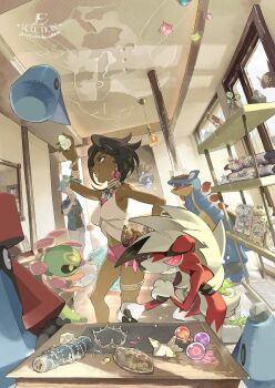 1boy 1girl alolan_form alolan_sandslash armaldo artist_name black_hair blue_eyes blue_hair blue_nails bone carbink cradily crown dark-skinned_female dark_skin dated diamond_earrings e_volution earrings flame_orb_(pokemon) gen_3_pokemon gen_4_pokemon gen_6_pokemon gen_7_pokemon hand_on_own_hip heart_scale highres indoors jewelry life_orb looking_up lycanroc lycanroc_(midnight) navel nintendo olivia_(pokemon) open_clothes open_mouth open_shirt orb pink_shorts pokemon pokemon_(creature) pokemon_masters_ex pokemon_sm probopass ring sableye short_shorts shorts steven_stone steven_stone_(summer_2020) table undershirt white_shorts