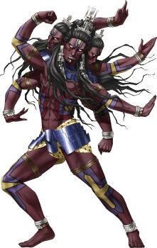 1boy abs anklet armor asura_(megami_tensei) asura_(mythology) black_hair black_nails bracelet clenched_hand colored_skin crown demon_(megami_tensei) earrings extra_arms extra_faces facial_mark fingernails full_body highres jewelry kazuma_kaneko looking_at_viewer male_focus nail_polish necklace official_art parted_lips photoshop_(medium) pointy_ears red_skin sharp_fingernails shin_megami_tensei shin_megami_tensei:_strange_journey simple_background solid_eyes solo tattoo teeth third-party_source transparent_background tusks white_eyes
