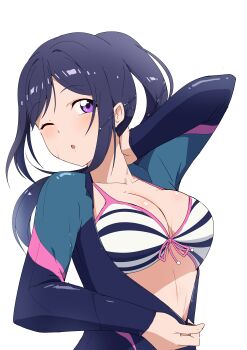 Rule 34 | 1girl, ;o, absurdres, bikini, bikini under clothes, blue bodysuit, blue hair, bodysuit, breasts, cleavage, commentary request, hand on own neck, high ponytail, highres, large breasts, love live!, love live! sunshine!!, matsuura kanan, one eye closed, ponytail, purple eyes, simple background, solo, swimsuit, upper body, wet, white background, white bikini, zasshoku ojisan