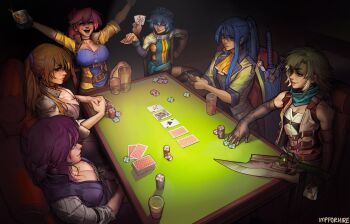 Rule 34 | 6+girls, alisa reinford, artist name, blonde hair, blue eyes, blue hair, breasts, card, choker, cleavage, closed mouth, commentary, commission, cropped jacket, cup, earrings, eiyuu densetsu, emma millstein, english commentary, fie claussell, gambling, gunblade, hair between eyes, highres, holding, holding card, holding cup, impforhire, jewelry, king (playing card), large breasts, laura s. arseid, long hair, long single sidelock, medium breasts, millium orion, multiple girls, narita brian (heavenly laughter kaburaya) (umamusume), narita brian (umamusume), on table, open mouth, pendant, pink hair, playing card, poker, poker chip, poker table, red eyes, sara valestein, scarf, second-party source, sen no kiseki, sen no kiseki (series), sen no kiseki iii, short hair, sideburns, single sidelock, small breasts, smile, table, weapon, white hair, yellow eyes