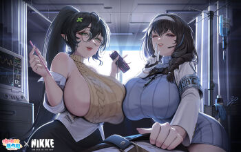 2girls absurdres armband asymmetrical_docking bare_shoulders black_hair black_pants blue_armband blue_sweater breast_press breasts cable_knit cardiogram ceiling character_request collared_sweater commentary_request copyright_name cross_hair_ornament crossover curtains dress from_below glasses gloves goddess_of_victory:_nikke green_eyes hair_ornament hair_over_shoulder heartbeat high_ponytail highres holding huge_breasts hui_z_jie id_card indoors infirmary intravenous_drip iv_stand latex latex_gloves lips long_hair long_sleeves looking_at_viewer mary_(nikke) medical_monitor mole mole_on_breast multiple_girls nail_polish nurse one_eye_closed pants parted_lips pink_nails pointy_ears ponytail pov pov_crotch privacy_screen pulling_another's_clothes purple_eyes round_eyewear shirt sideboob single_glove sleeveless sleeveless_turtleneck surgical_scissors sweater sweater_dress syringe trickcal turtleneck veins veiny_breasts white_gloves white_shirt