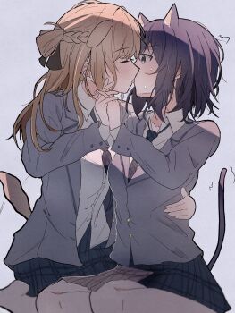 2girls animal_ears black_necktie black_skirt blazer blue_eyes braid brown_hair cat_ears cat_girl cat_tail closed_eyes collared_shirt commentary dog_ears dog_girl dog_tail french_kiss grey_jacket half_up_braid hand_on_another&#039;s_waist hashtag-only_commentary highres holding_hands interlocked_fingers jacket kiss miyagi_shiori multiple_girls necktie plaid_clothes plaid_skirt pleated_skirt purple_background sendai_hazuki shirt shuuniichido_classmate_wo_kau_hanashi skirt tail tongue tongue_out touka127430 white_shirt yuri