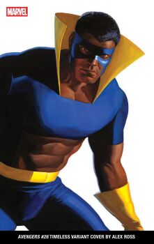 1boy abs alex_ross artist_name avengers_(series) black_goliath black_hair blue_pants blue_shirt brown_eyes comic_cover company_name copyright_name cover cover_page cowboy_shot cropped_shirt dark-skinned_male dark_skin english_text gloves high_collar highres looking_at_viewer marvel mask midriff muscular muscular_male official_art pants realistic shirt short_hair solo superhero_costume third-party_source western_comics_(style) white_background yellow_gloves