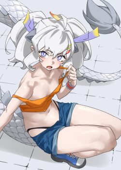 1girl animal_ears blush breasts clothes_pull commentary_request denim denim_shorts dragon_ears dragon_girl dragon_horns dragon_tail extra_ears fur-tipped_tail hair_between_eyes highres horns kemono_friends kemono_friends_3 long_hair looking_at_viewer multicolored_horns navel official_alternate_costume open_mouth orange_shirt purple_horns scale_print shirt shirt_pull shorts small_breasts solo squatting tail tanabe_(fueisei) thong very_long_tail white_dragon_(kemono_friends) white_hair yellow_horns