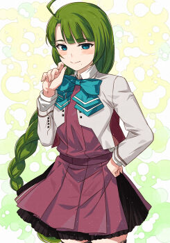 1girl ahoge aqua_bow aqua_bowtie blazer blue_bow blue_bowtie blue_eyes bow bowtie braid breasts clover_background commentary_request dress green_background green_hair grey_thighhighs halterneck highres jacket kanmiya_shinobu kantai_collection long_hair long_sleeves mole mole_under_mouth purple_dress school_uniform shirt single_braid skirt smile solo thighhighs very_long_hair white_shirt yuugumo_(kancolle) yuugumo_kai_ni_(kancolle)