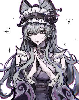 1girl 4nnzz bell choker detached_sleeves frilled_hairband frills genshin_impact hairband highres japanese_clothes kimono long_hair maid neck_bell obi_bow own_hands_together pink_kimono pink_pupils pink_sleeves pointy_ears sash very_long_hair wa_maid white_sash yumemizuki_mizuki