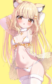 1girl absurdres animal_ear_fluff animal_ears armpits arms_behind_head arms_up babydoll bare_shoulders blonde_hair blush bow bow_panties breasts brown_eyes chestnut_mouth collarbone commentary_request fur-trimmed_legwear fur_trim hair_ornament hairclip highres long_hair looking_at_viewer masaki_(msk064) navel original panties parted_lips simple_background small_breasts solo thighhighs underwear underwear_only very_long_hair white_panties white_thighhighs x_hair_ornament yellow_background