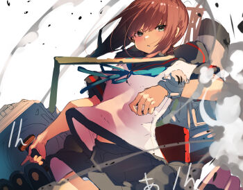 Rule 34 | 1girl, black sailor collar, black skirt, blue neckerchief, blush, brown hair, commentary request, cowboy shot, floating clothes, from below, fubuki (kancolle), fubuki kai ni (kancolle), green eyes, highres, holding, holding turret, kantai collection, looking at viewer, mast, medium hair, midriff peek, miniskirt, neckerchief, parted lips, pleated skirt, rigging, sailor collar, ship turret, shirt, short sleeves, sidelocks, skirt, smokestack, solo, sunday aki, torpedo launcher, turret, white background, white shirt