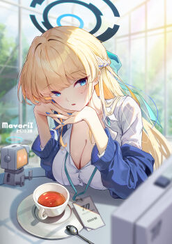 1girl absurdres blue_archive blue_bow blue_cardigan blue_eyes blue_halo blue_nails blush bow braid breasts cardigan cleavage hair_bow half_up_braid halo highres id_card large_breasts looking_at_viewer mayoril official_alternate_costume official_alternate_hairstyle open_cardigan open_clothes open_mouth shirt solo tea toki_(blue_archive) toki_(school_uniform)_(blue_archive) white_shirt