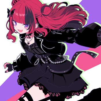 1girl absurdres black_bow black_dress black_gloves black_hair black_jacket black_nails blunt_bangs bow commentary_request double_bun dress ear_piercing eyelashes fang fingerless_gloves fingernails gloves hair_bow hair_bun highres jacket jacket_over_dress jewelry kerinaharaini long_hair long_sleeves multicolored_hair nail_polish necklace open_clothes open_jacket open_mouth orisaki_moshu piercing purple_eyes red_hair reject_(esports) skin_fang smile solo two-tone_hair virtual_youtuber