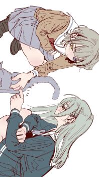 Rule 34 | 12thfog, 2girls, bang dream!, bang dream! it's mygo!!!!!, black shoes, blue eyes, blue shirt, blue skirt, brown shirt, cat, green hair, grey skirt, hair ornament, hairclip, hanasakigawa school uniform, heterochromia, highres, kaname raana, long hair, long sleeves, mortis (bang dream!), mortis (persona) (bang dream!), multiple girls, pleated skirt, raana the cat, sailor collar, school uniform, shirt, shoes, sideways, simple background, skirt, squatting, tsukinomori school uniform, wakaba mutsumi, white background, white sailor collar, yellow eyes