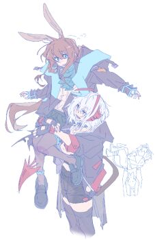 2girls amiya_(arknights) animal_ears aqua_eyes arknights arms_up black_jacket black_shoes black_shorts black_thighhighs brown_hair brown_pantyhose grey_hair hamha_s jacket multiple_girls multiple_views open_clothes open_jacket open_mouth outstretched_arms pantyhose rabbit_ears rabbit_girl shoes shorts simple_background smile standing thighhighs w_(arknights) white_background