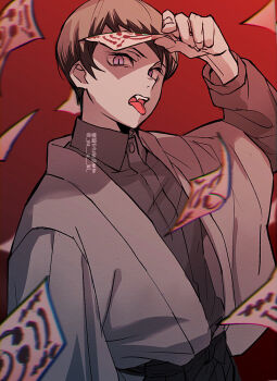 1boy black_hakama black_shirt collared_shirt fangs gradient_background green_hair hakama holding japanese_clothes kimetsu_no_yaiba kimono long_sleeves looking_at_viewer male_focus muted_color puffy_long_sleeves puffy_sleeves purple_eyes red_background shirt slit_pupils solo talisman teeth tongue tongue_out twitter_username upper_body upper_teeth_only white_kimono yushiro_(kimetsu_no_yaiba) yuuki_(yukko7474)