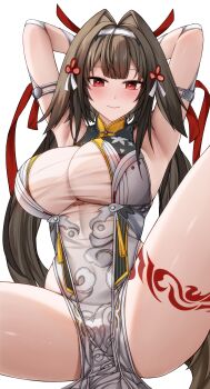 1girl absurdres arm_behind_head armpits arms_up blush breasts brown_hair chien_zero china_dress chinese_clothes closed_mouth commentary dress hair_intakes hair_ornament hair_spread_out hairband highres large_breasts leg_tattoo long_hair looking_at_viewer pelvic_curtain red_eyes see-through_cleavage see-through_clothes simple_background smile solo spread_legs tassel tattoo thighs very_long_hair white_background white_hairband ye_shunguang zenless_zone_zero