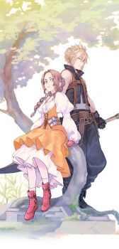 1boy 1girl aerith_gainsborough aerith_gainsborough_(garnet's_gown) bare_shoulders belt black_boots black_pants black_vest blonde_hair boots bow braid braided_ponytail breasts brown_belt brown_hair choker cloud_strife cloud_strife_(zidane's_outfit) commentary_request cosplay crystal dress final_fantasy final_fantasy_vii final_fantasy_vii:_ever_crisis full_body garnet_til_alexandros_xvii garnet_til_alexandros_xvii_(cosplay) gloves green_eyes grey_choker hair_between_eyes hair_ornament hairclip highres holding holding_sword holding_weapon jewelry juliet_sleeves long_hair long_sleeves medium_breasts official_alternate_costume orange_dress pants parted_bangs pendant petticoat puffy_sleeves red_bow red_gloves ringon shirt short_hair sidelocks single_braid socks spiked_hair sword tree vest weapon white_shirt white_socks zidane_tribal zidane_tribal_(cosplay)
