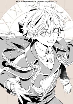 Rule 34 | 1boy, akehoshi subaru, cape, commentary, cowboy shot, ensemble stars!, from above, greyscale with colored background, hair between eyes, long sleeves, looking at viewer, lower teeth only, male focus, necktie, open mouth, outstretched arm, short hair, smile, solo, tassel, teeth, tongue, trianon