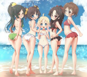 5girls adjusting_clothes adjusting_swimsuit ahoge alternate_hairstyle arms_behind_back ass barefoot beach bikini black_bikini black_hair blonde_hair blue_eyes blush bow breasts brown_eyes brown_hair charlotte_izoard cloud day double_bun ether_core feet flat_chest frilled_bikini frilled_thigh_strap frills from_behind full_body glasses gluteal_fold green_bikini green_eyes groin hair_bow hair_bun hair_ornament hand_on_own_chest hand_on_own_hip highres hinatsuru_ai holding_hands horizon huge_ahoge legs lineup loli long_hair looking_back low_twintails mizukoshi_mio multiple_girls navel ocean open_mouth outdoors ponytail red_bikini red_eyes ribbon ryuuou_no_oshigoto! sadatou_ayano short_hair single_hair_bun sky small_breasts smile soles swimsuit take_your_pick thigh_strap thighs toes trefoil twintails white_bikini yashajin_ai
