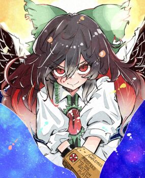 1girl bird_wings bow breasts brown_hair center_frills collared_shirt commentary_request deal360acv feathered_wings frilled_shirt_collar frills green_bow hair_bow highres long_hair looking_at_viewer open_mouth red_eyes reiuji_utsuho shirt short_sleeves skirt smile solo touhou umbrella_corporation_(logo) upper_body white_shirt wings