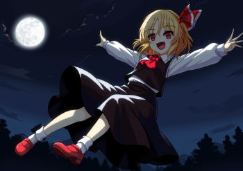 1girl ascot black_skirt black_vest blonde_hair collared_shirt commentary_request fang frilled_shirt_collar frills full_body full_moon hair_ribbon loafers long_sleeves medium_hair mist9801km moon night open_mouth outdoors outstretched_arms red_ascot red_eyes red_ribbon red_shoes ribbon rumia shirt shoes skirt skirt_set sky smile socks solo spread_arms touhou vest white_shirt white_socks