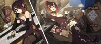 1girl 2koma absurdres after_rape aftersex ahegao alley arm_support bar_stool box bracelet breasts brown_hair cardboard_box cellphone comic condom condom_packet_strip condom_wrapper cum cum_in_pussy cum_on_body cum_on_clothes cum_on_floor cum_on_hair cumdrip cup detached_sleeves dress drinking_glass drugged dumpster ear_piercing english_text facial fertilization grin hair_bun hair_ornament hairclip hand_on_own_face hand_up handcuffed haze_(shuuko) heart highres impregnation industrial_pipe instant_loss jewelry monocle multicolored_hair multiple_views necklace nipples olive one_breast_out open_mouth original ovum pantyhose phone piercing pink_eyes pointless_condom pussy red_nails ring sequential shuuko_(s_h_uuko) single_bare_shoulder sitting small_breasts smartphone smile speech_bubble sperm_cell stool streaked_hair syringe tally tank_top teeth thigh_strap tongue toothpick torn_clothes torn_pantyhose track_marks trash_can upper_teeth_only white_tank_top wine_glass