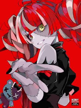 Rule 34 | 1girl, absurdres, black dress, black nails, colored skin, commentary, cross-shaped pupils, dress, english commentary, gradient eyes, green eyes, grey skin, heterochromia, highres, hololive, hololive indonesia, kureiji ollie, kureiji ollie (1st costume), looking at viewer, multicolored eyes, multicolored hair, nail polish, nkonya, patchwork skin, pink hair, red background, red eyes, red hair, smile, solo, symbol-shaped pupils, two-tone hair, udin (kureiji ollie), v, virtual youtuber, yellow eyes, zombie