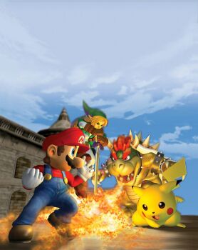 Rule 34 | 2boys, battle, blonde hair, blue eyes, blue overalls, blue sky, bowser, box art, breath weapon, breathing fire, brown hair, castle, day, facial hair, fighting, fire, gen 1 pokemon, gloves, hat, highres, holding, holding sword, holding weapon, horns, left-handed, link, male focus, mario, mario (series), multiple boys, mustache, nintendo, official art, outdoors, overalls, pikachu, pointy ears, pokemon, pokemon (creature), red hair, shirt, sky, smile, spikes, super smash bros., super smash bros. melee, sword, the legend of zelda, the legend of zelda: ocarina of time, tunic, weapon, white gloves