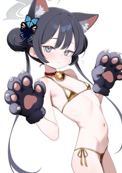 1girl absurdres alternate_costume animal_collar animal_ear_fluff animal_ears animal_hands bell belly bikini black_hair blue_archive blunt_bangs blush braid braided_bun breasts butterfly_hair_ornament cat_ears cat_paws cleavage closed_mouth coat collar commentary double_bun flat_chest flying_sweatdrops gloves gold_bikini golden_week grey_eyes grey_halo groin hair_bun hair_ornament halo hands_up highres jingle_bell kemonomimi_mode kisaki_(blue_archive) kurokku_(ohuro_ni_deer) leaning_back loli long_hair micro_bikini navel neck_bell paw_gloves paw_pose red_coat shiny_swimsuit side-tie_bikini_bottom sidelocks small_breasts solo stomach string_bikini swimsuit triangle_bikini_top twintails very_long_hair white_background