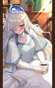 absurdres bandaged_arm bandages bed blonde_hair blue_dress blush cup dia_(isekai:_slow_life) dress highres isekai:_slow_life monster_girl red_eyes sick slime teacup