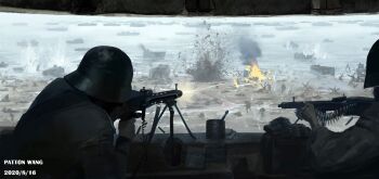 6+boys ammunition_belt ammunition_box bipod combat_helmet commentary czech_hedgehog english_commentary explosion firing gun helmet invasion_of_normandy landing_craft landscape machine_gun mg42 military multiple_boys original patton_wang reloading scenery ship soldier stahlhelm utah_beach watercraft weapon world_war_ii