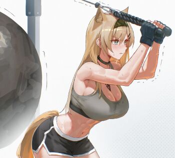 1girl abs absurdres animal_ear_fluff animal_ears arknights bare_shoulders black_collar black_gloves black_hairband black_shorts blonde_hair blush breasts bright_pupils cleavage collar commentary_request crop_top dolphin_shorts exercising extra_ears fingerless_gloves gloves green_eyes grey_sports_bra hair_between_eyes hair_ornament hairband hairclip highres horn_(arknights) large_breasts long_hair midriff navel short_shorts shorts simple_background sleeveless solo sports_bra stomach sweat tail trembling uof white_background white_pupils yellow_tail