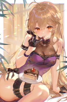 1girl absurdres ahoge arm_strap bare_shoulders black_gloves blonde_hair breasts cake cake_slice cleavage commentary_request dress food fork girls'_frontline girls'_frontline_2:_exilium gloves groza_(girls'_frontline_2) half_gloves highres holding holding_fork long_hair looking_at_viewer medium_breasts ots-14_(girls'_frontline) ots-14_(sangria_succulent)_(girls'_frontline) plate purple_dress red_eyes see-through_cleavage see-through_clothes shanguier sitting sleeveless sleeveless_dress solo thigh_strap thighs very_long_hair