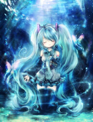 Rule 34 | 1girl, :d, aqua hair, aqua necktie, bare shoulders, black skirt, black thighhighs, boots, breasts, bug, butterfly, closed eyes, collared shirt, detached sleeves, fish, frilled shirt collar, frilled skirt, frills, green necktie, grey shirt, hand on own chest, hatsune miku, headphones, insect, kneeling, light particles, long hair, medium breasts, music, necktie, onineko, open mouth, outstretched arm, pleated skirt, shirt, singing, skirt, smile, solo, submerged, swept bangs, tattoo, thigh boots, thighhighs, twintails, underwater, very long hair, vocaloid, wide sleeves, zettai ryouiki