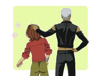 2boys ? black_pants black_shirt border bracelet brown_hair commentary_request from_behind fujisaki_(pixiv729262) green_pants grey_hair hand_on_another's_head jewelry long_sleeves male_focus multiple_boys pants red_shirt rubbing_head shirt short_hair spoken_question_mark toboe torn_clothes torn_sleeves tsume tsundere white_border wolf's_rain